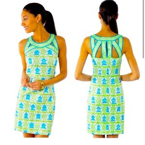 NWT Gretchen Scott Caged Bird Isoceles Dress L White Green Blue